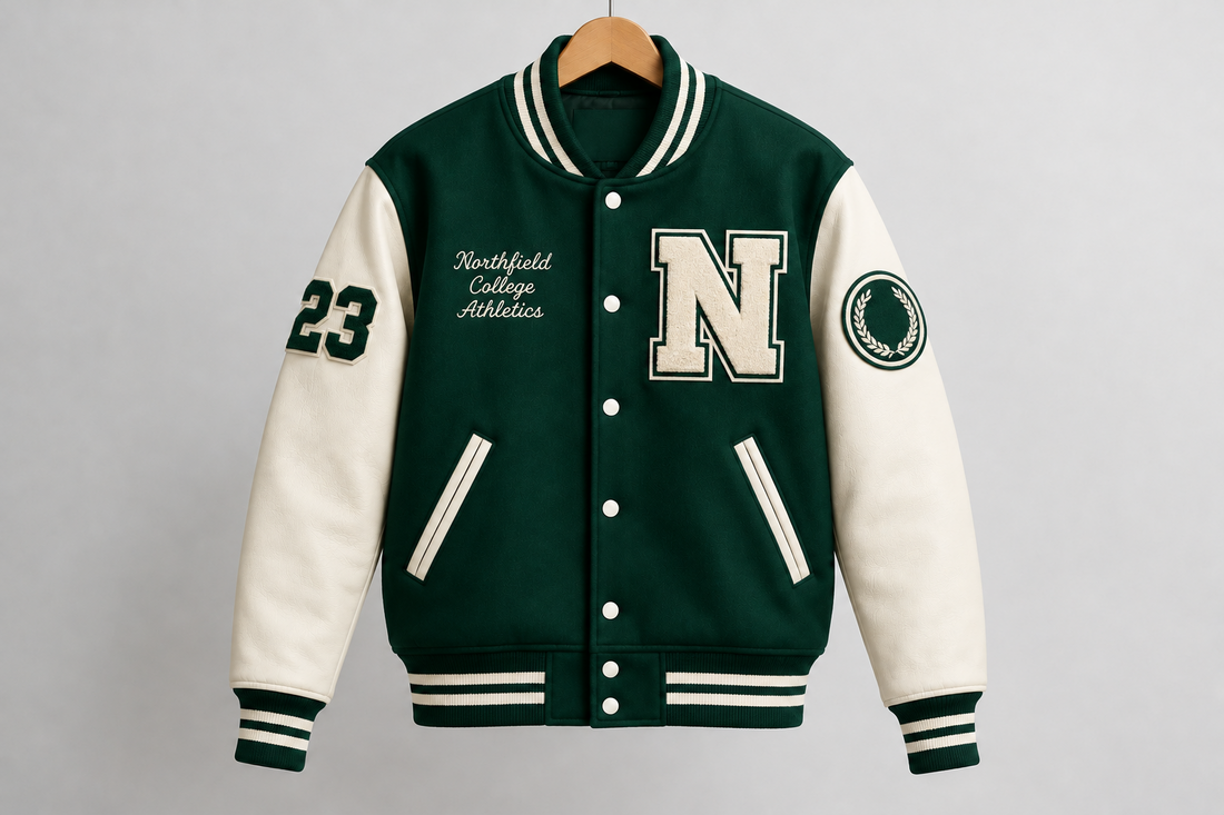 Custom varsity letterman jacket featuring wool body, leather sleeves and chenille embroidery