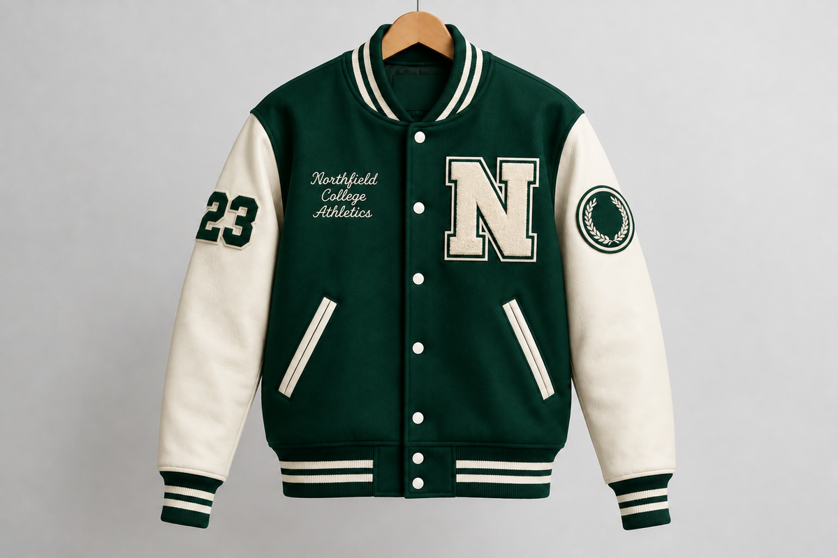 Custom varsity letterman jacket featuring wool body, leather sleeves and chenille embroidery
