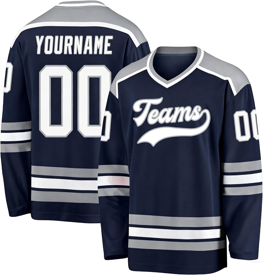 Custom Navy, Gray and White Hockey Jersey
