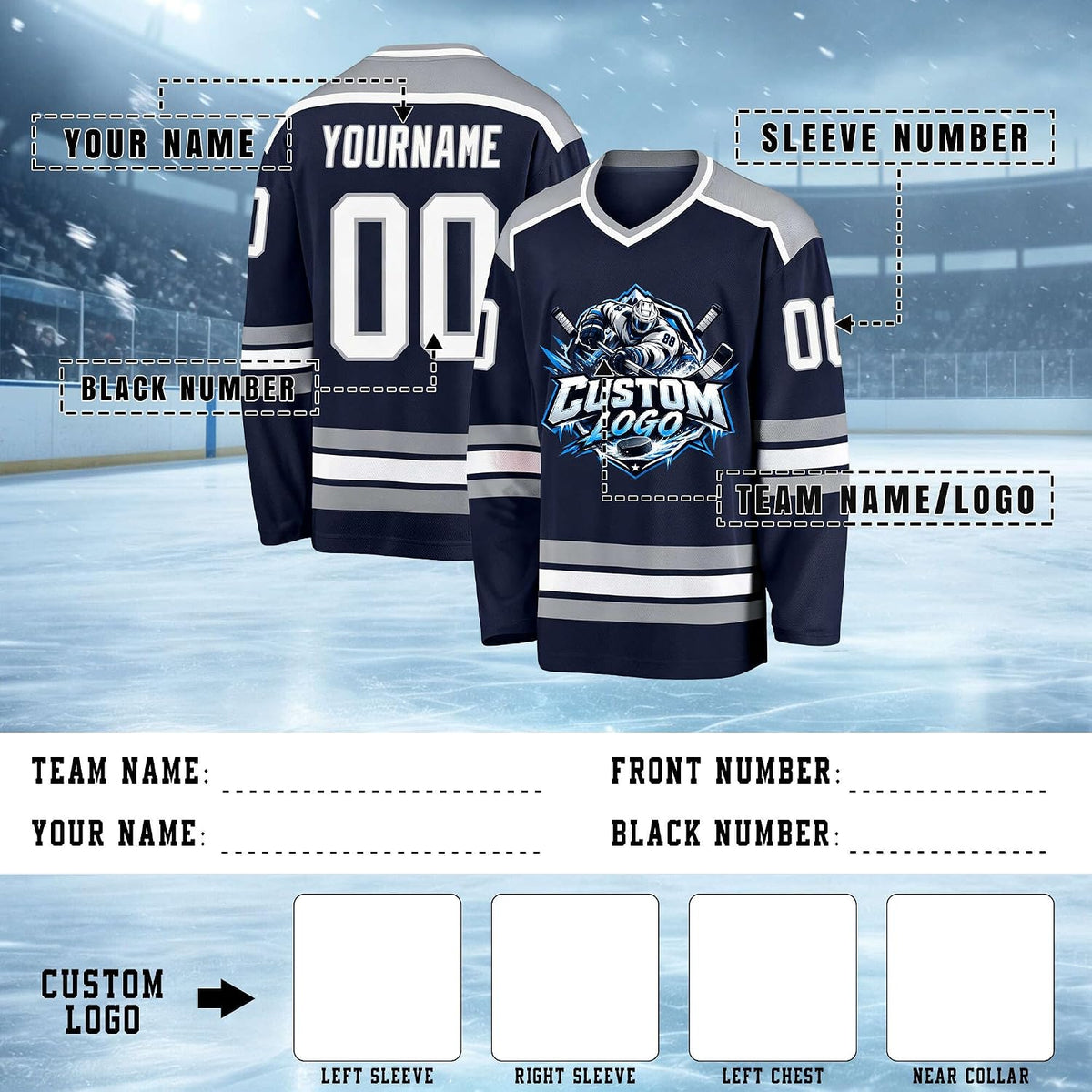 Custom Navy, Gray and White Hockey Jersey