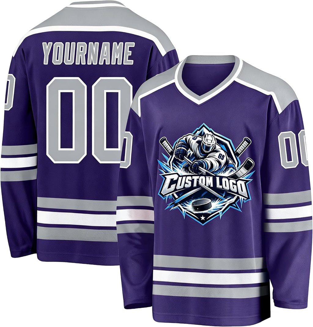 Custom Purple, Silver and White Hockey Jersey