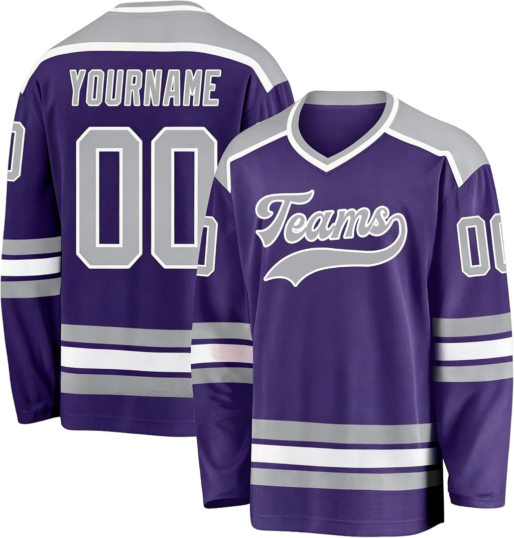 Custom Purple, Silver and White Hockey Jersey