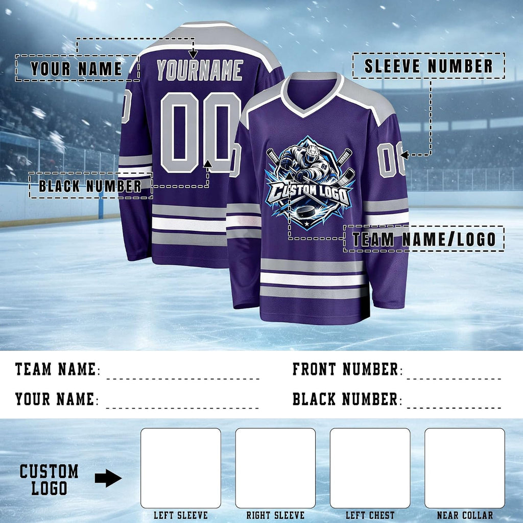 Custom Purple, Silver and White Hockey Jersey
