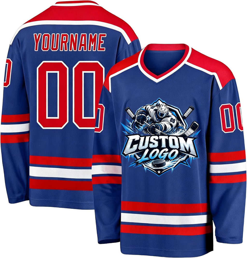 Custom Royal Blue, Red and White Hockey Jersey