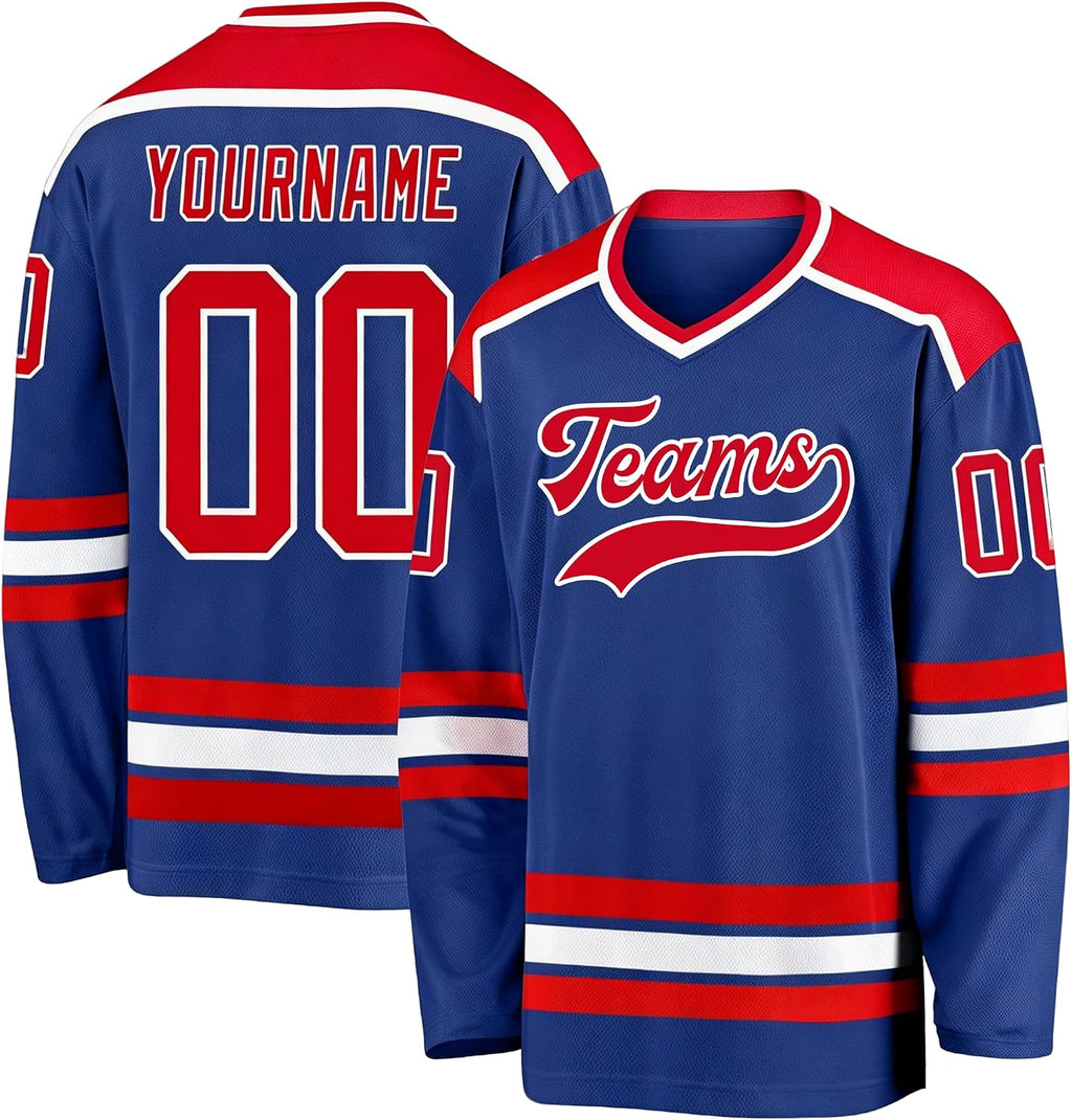 Custom Royal Blue, Red and White Hockey Jersey