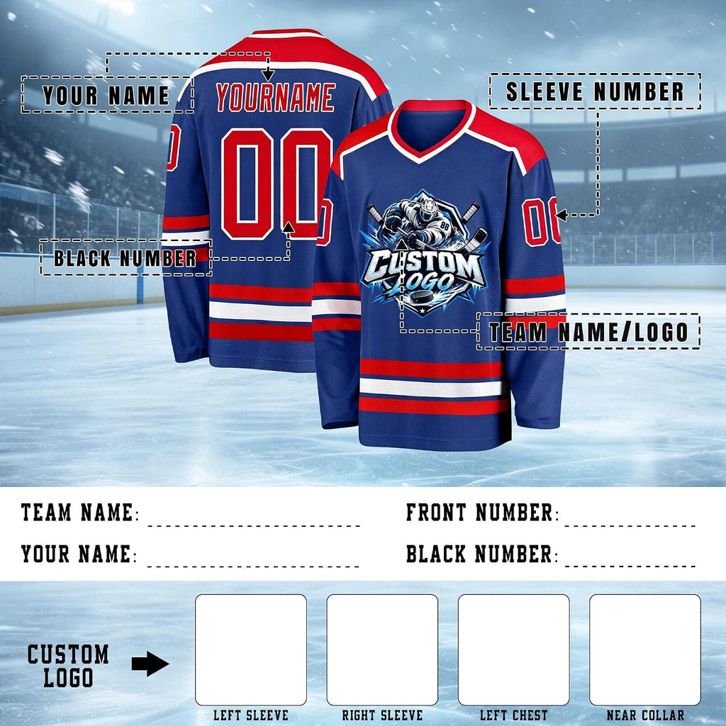 Custom Royal Blue, Red and White Hockey Jersey