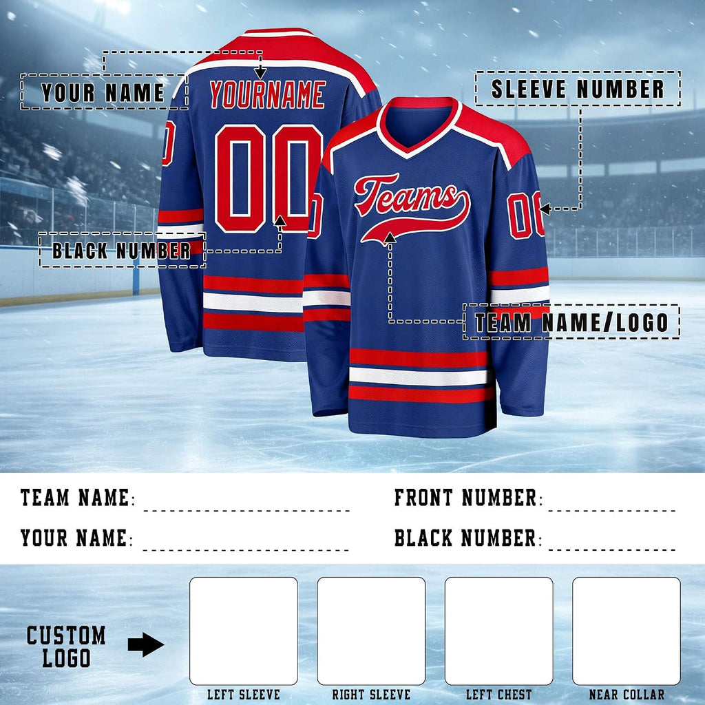Custom Royal Blue, Red and White Hockey Jersey
