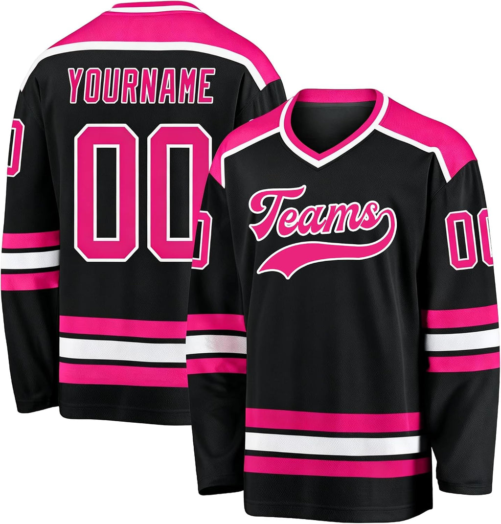 Custom Black, Pink and White Hockey Jersey