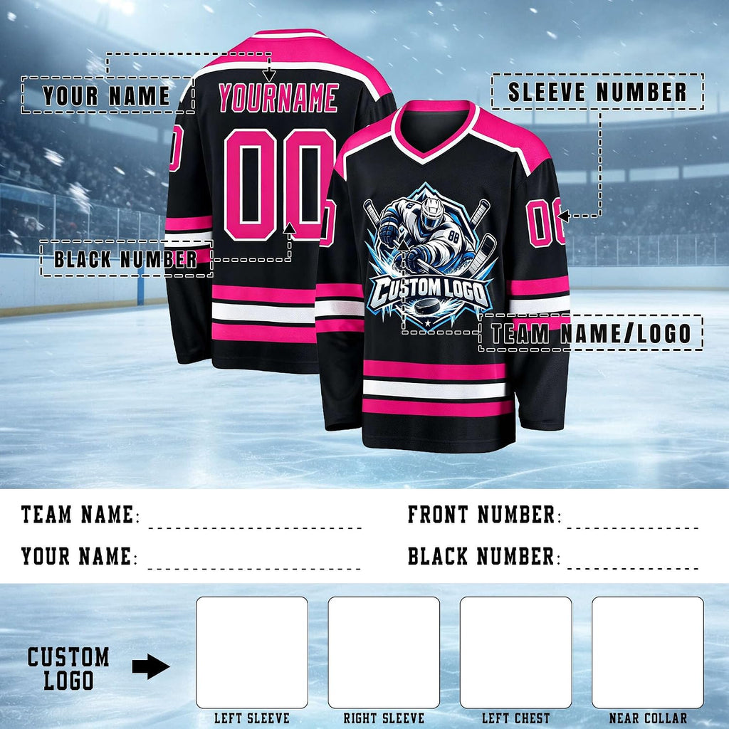 Custom Black, Pink and White Hockey Jersey