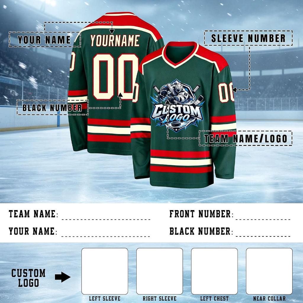Custom Forest Green, Red and Cream Hockey Jersey