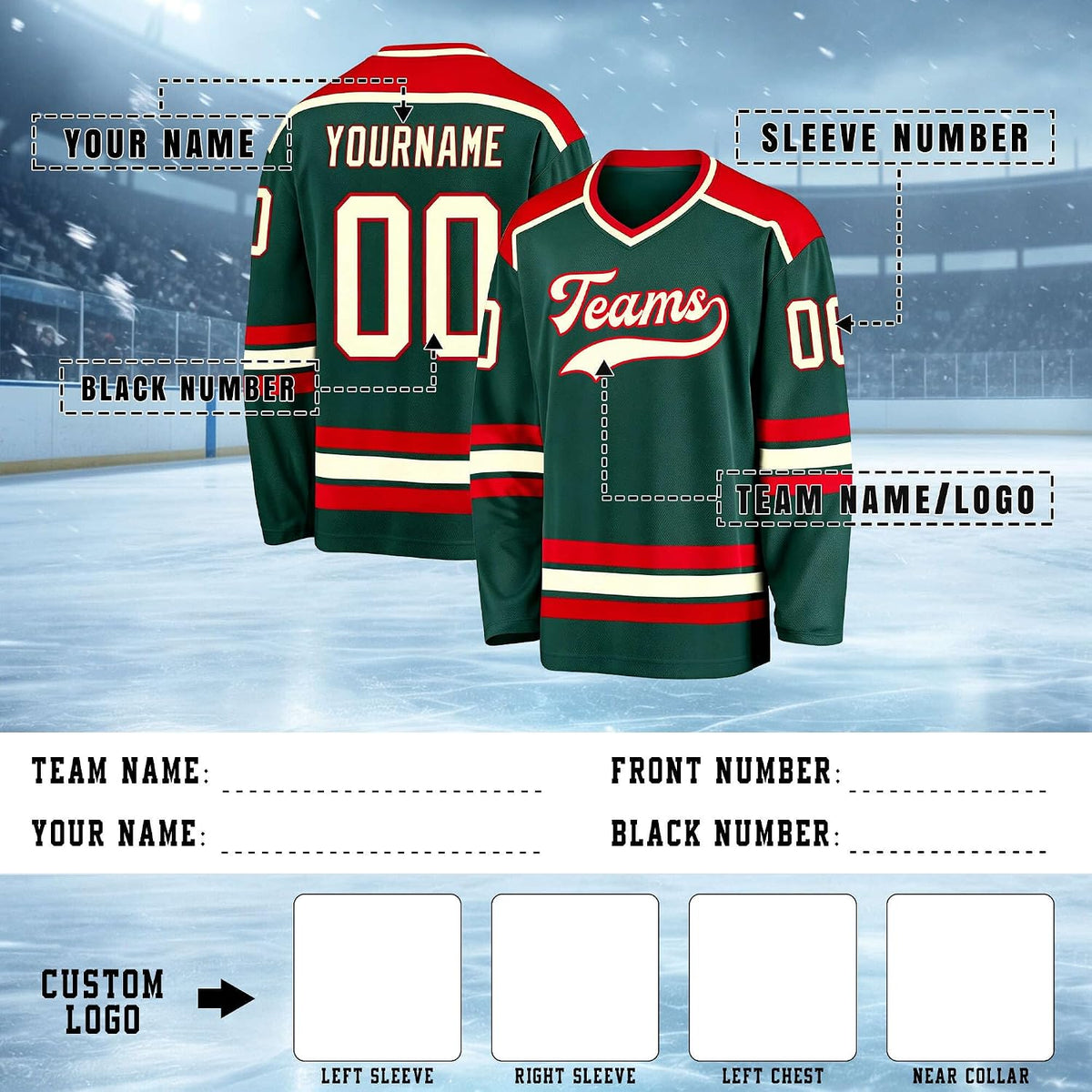 Custom Forest Green, Red and Cream Hockey Jersey