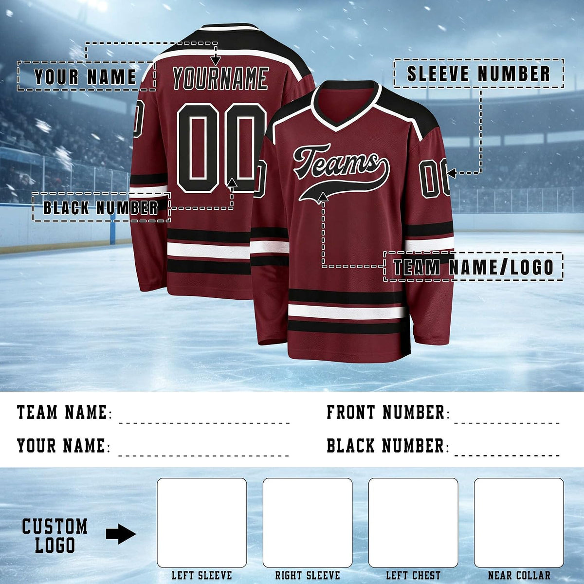 Custom Burgundy, Black and White Hockey Jersey