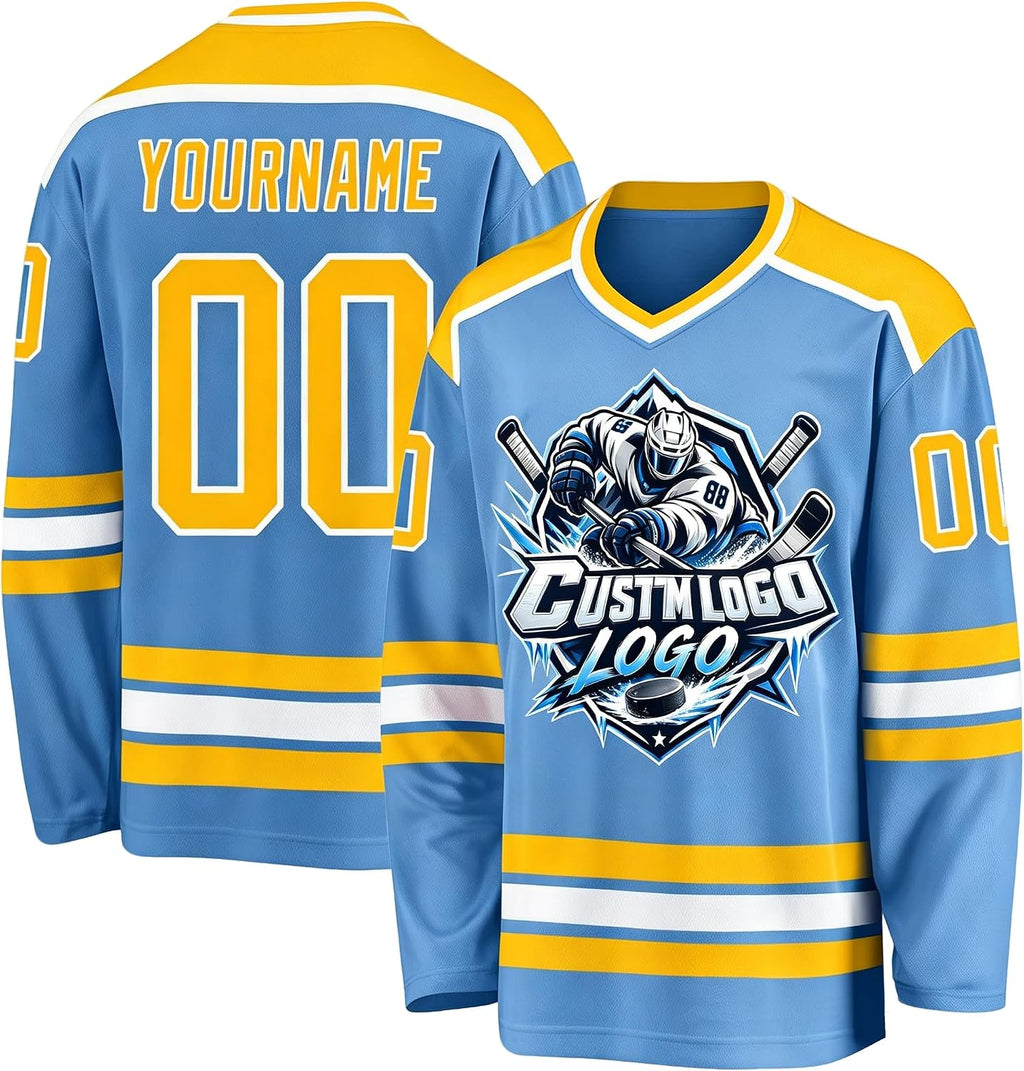 Custom Light Blue, Yellow and White Hockey Jersey