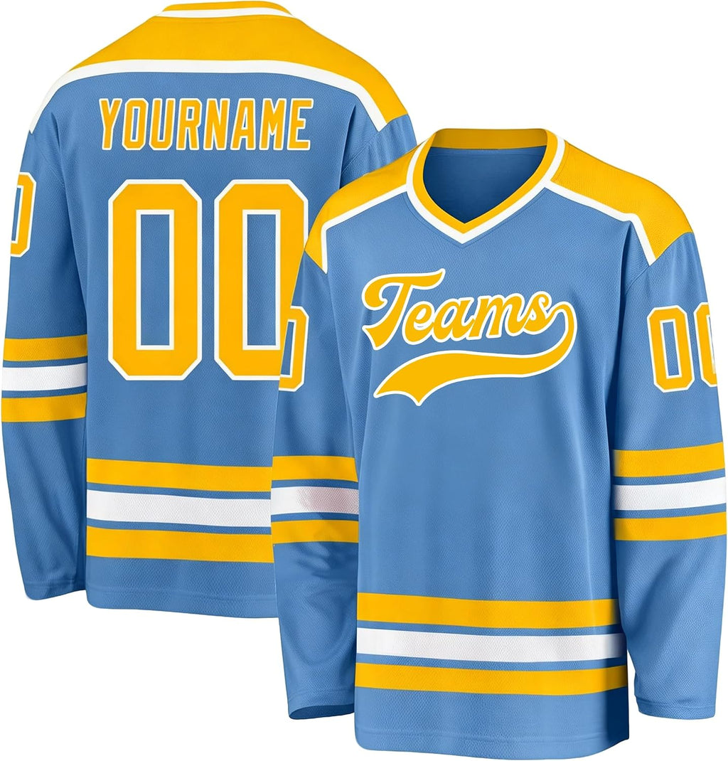 Custom Light Blue, Yellow and White Hockey Jersey