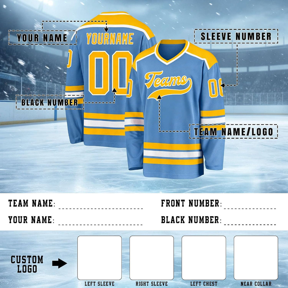 Custom Light Blue, Yellow and White Hockey Jersey