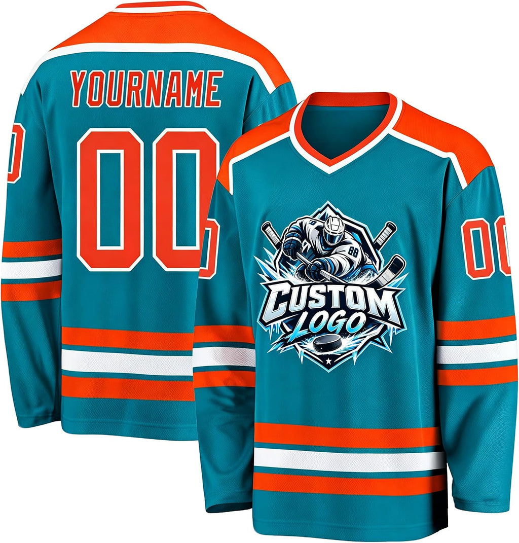 Custom Teal, Orange and White Hockey Jersey