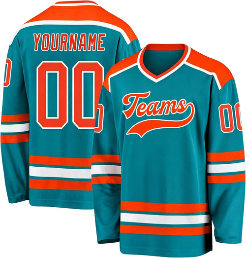 Custom Teal, Orange and White Hockey Jersey