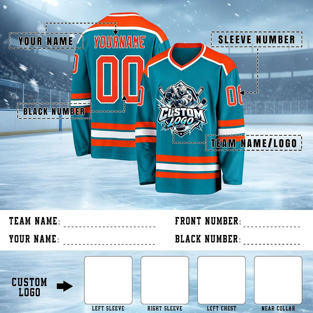 Custom Teal, Orange and White Hockey Jersey