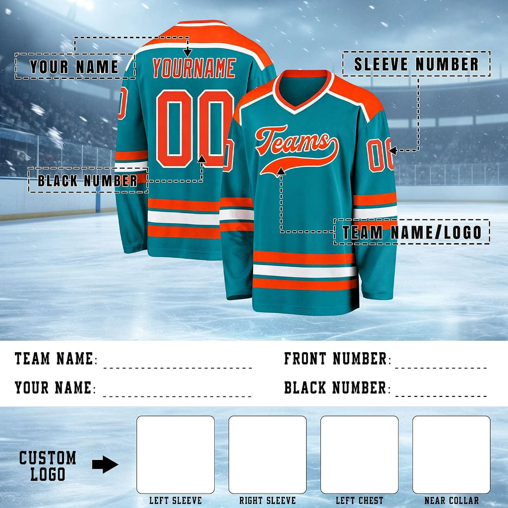 Custom Teal, Orange and White Hockey Jersey