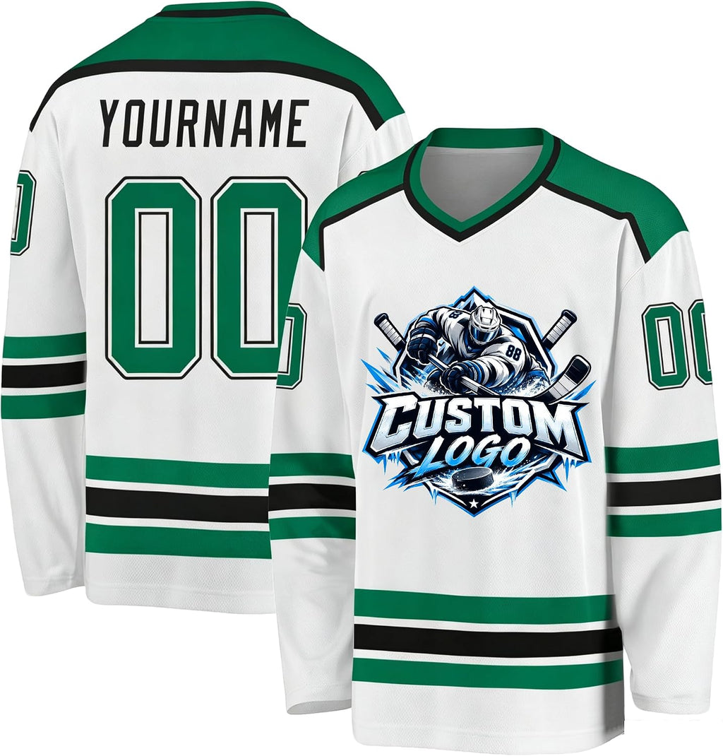 Custom White, Green and Black Hockey Jersey