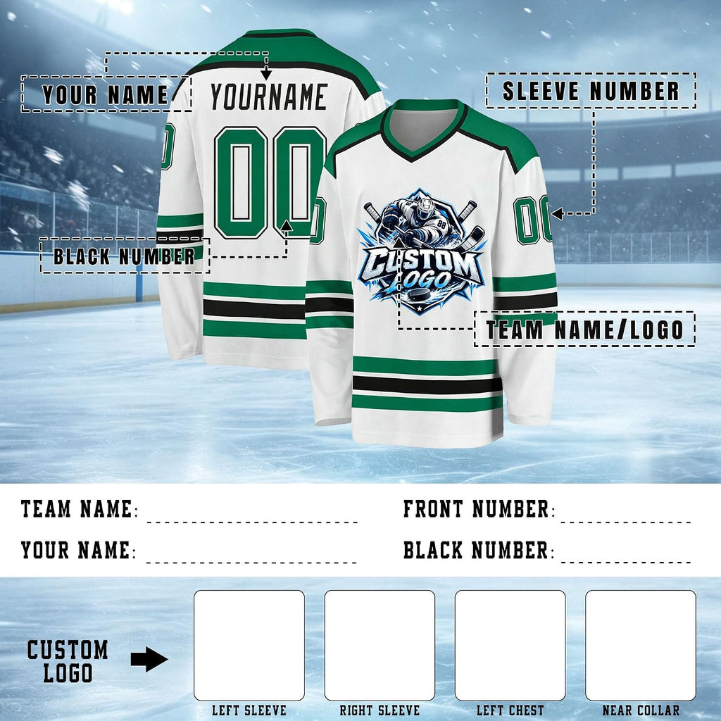 Custom White, Green and Black Hockey Jersey