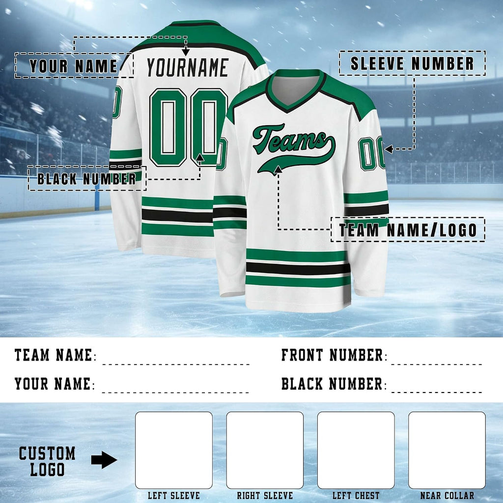 Custom White, Green and Black Hockey Jersey