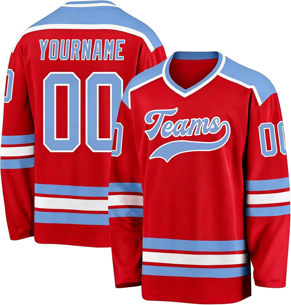 Custom Red, Light Blue and White Hockey Jersey