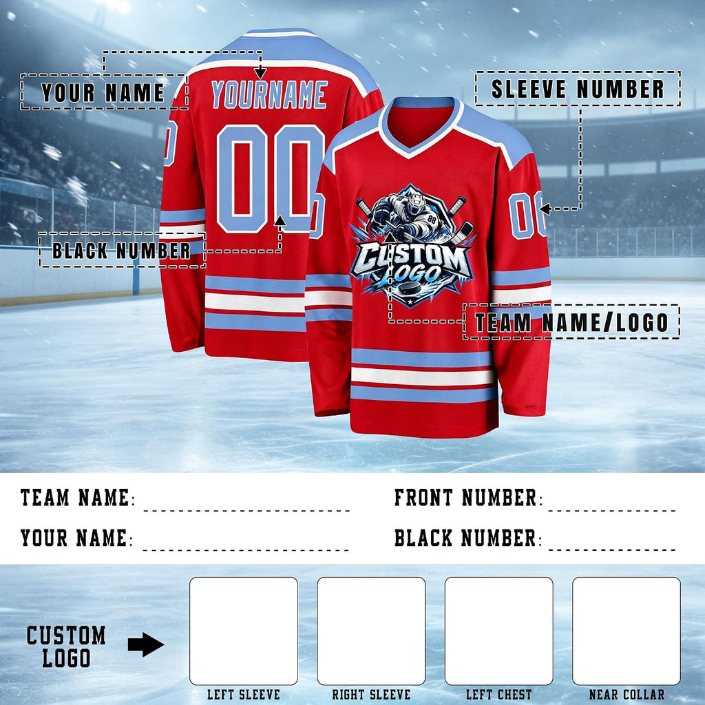 Custom Red, Light Blue and White Hockey Jersey