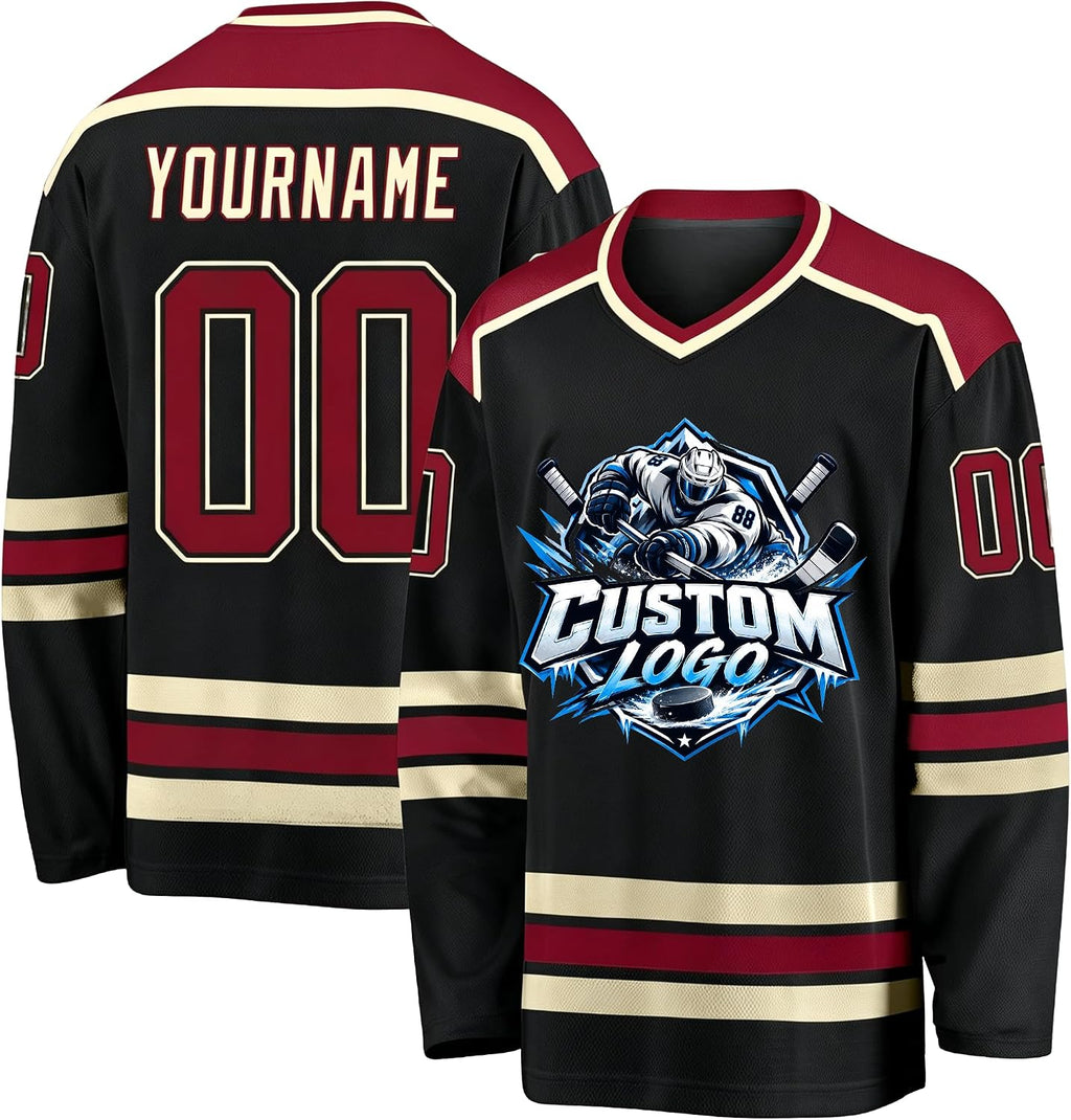 Custom Black, Burgundy and Cream Hockey Jersey