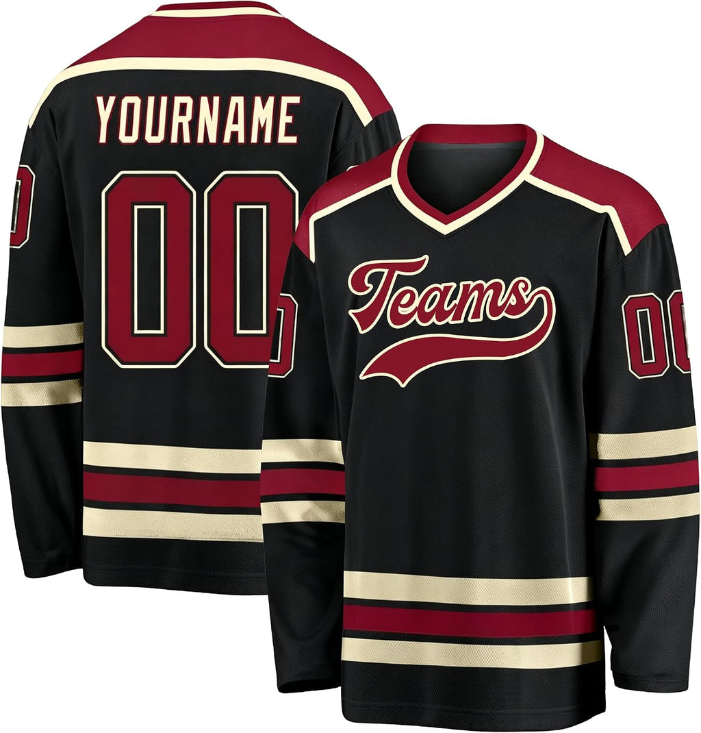Custom Black, Burgundy and Cream Hockey Jersey
