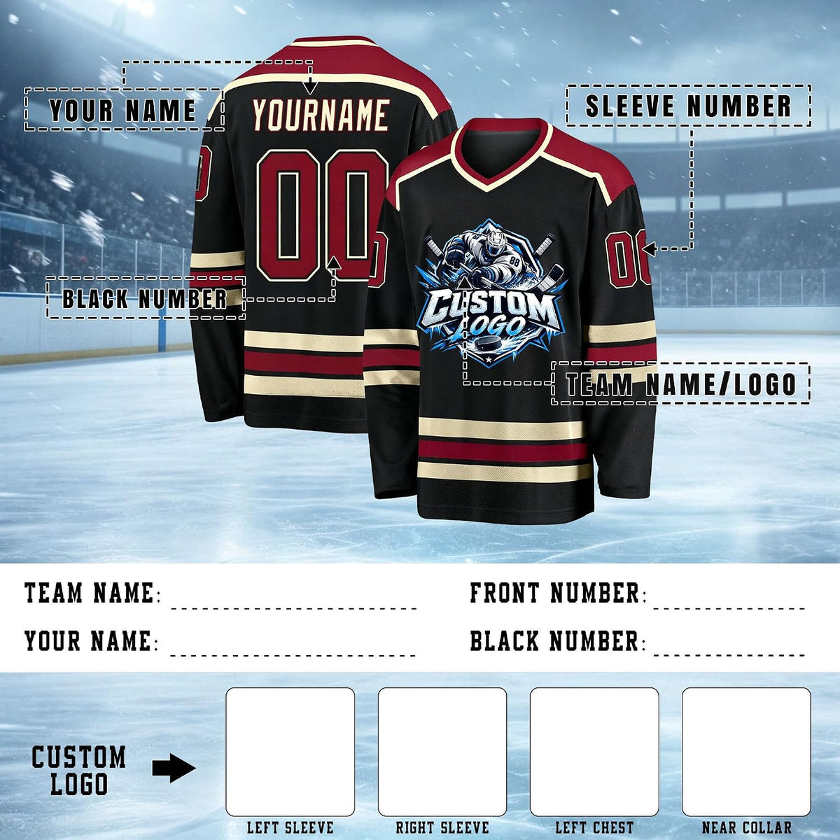 Custom Black, Burgundy and Cream Hockey Jersey