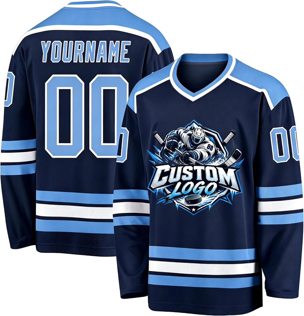 Custom Navy Blue, Light Blue and White Hockey Jersey