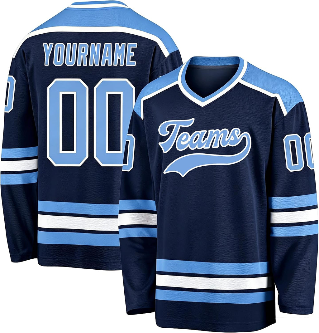 Custom Navy Blue, Light Blue and White Hockey Jersey