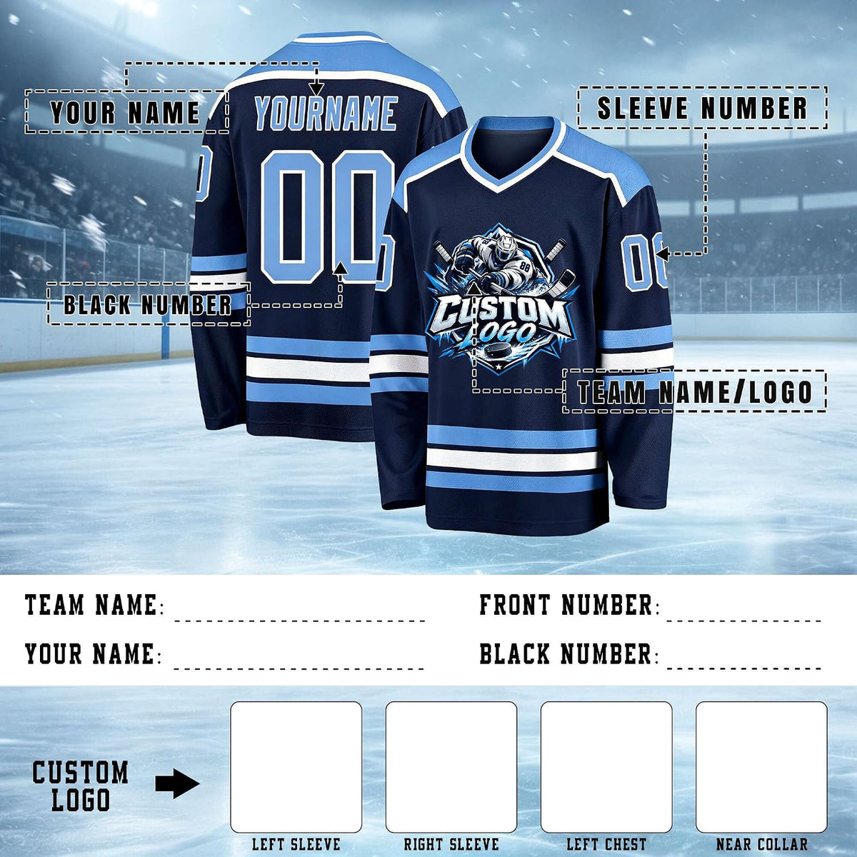 Custom Navy Blue, Light Blue and White Hockey Jersey