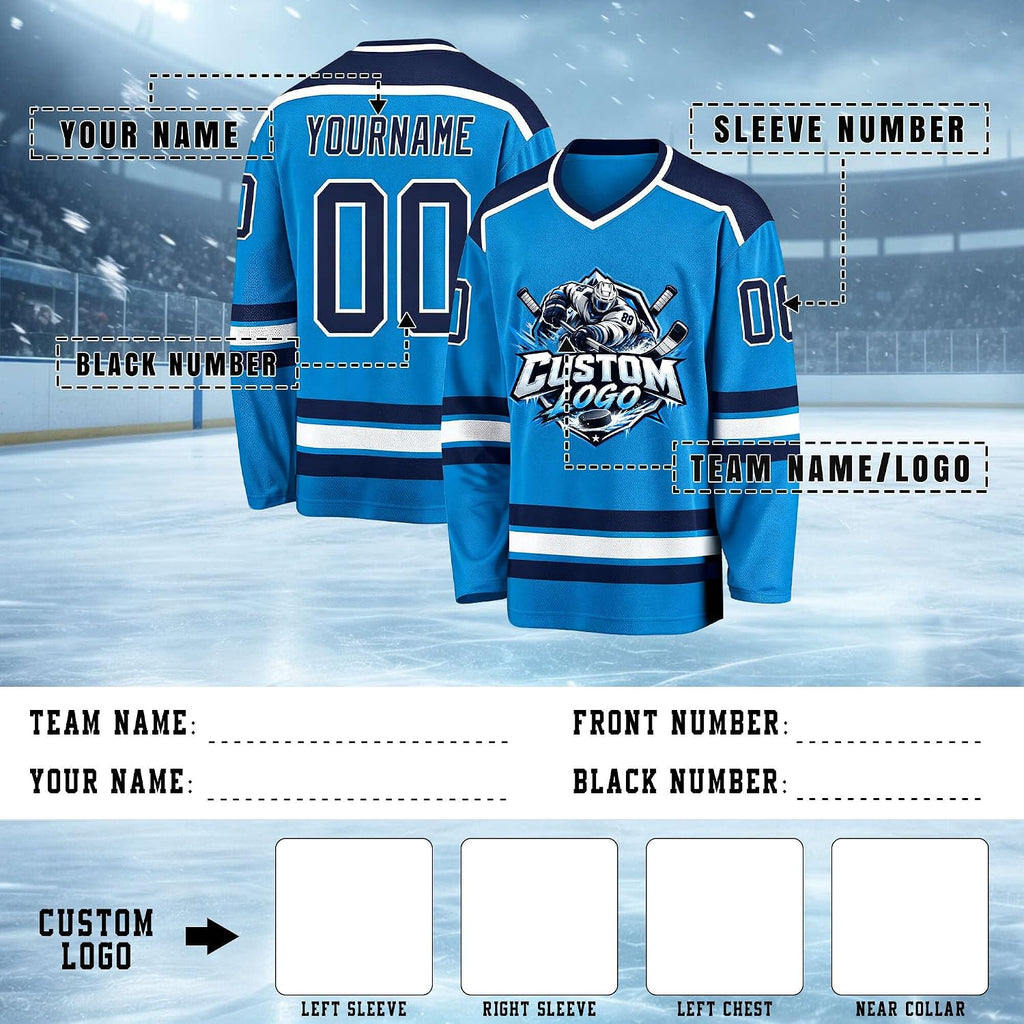 Custom Bright Blue, Navy and White Hockey Jersey