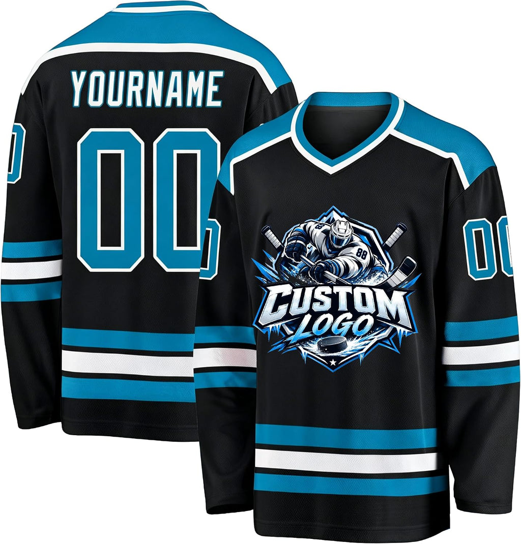 Custom Black, Cyan and White Hockey Jersey