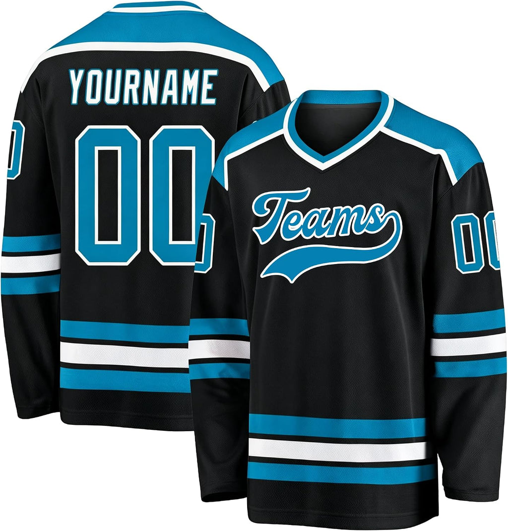 Custom Black, Cyan and White Hockey Jersey