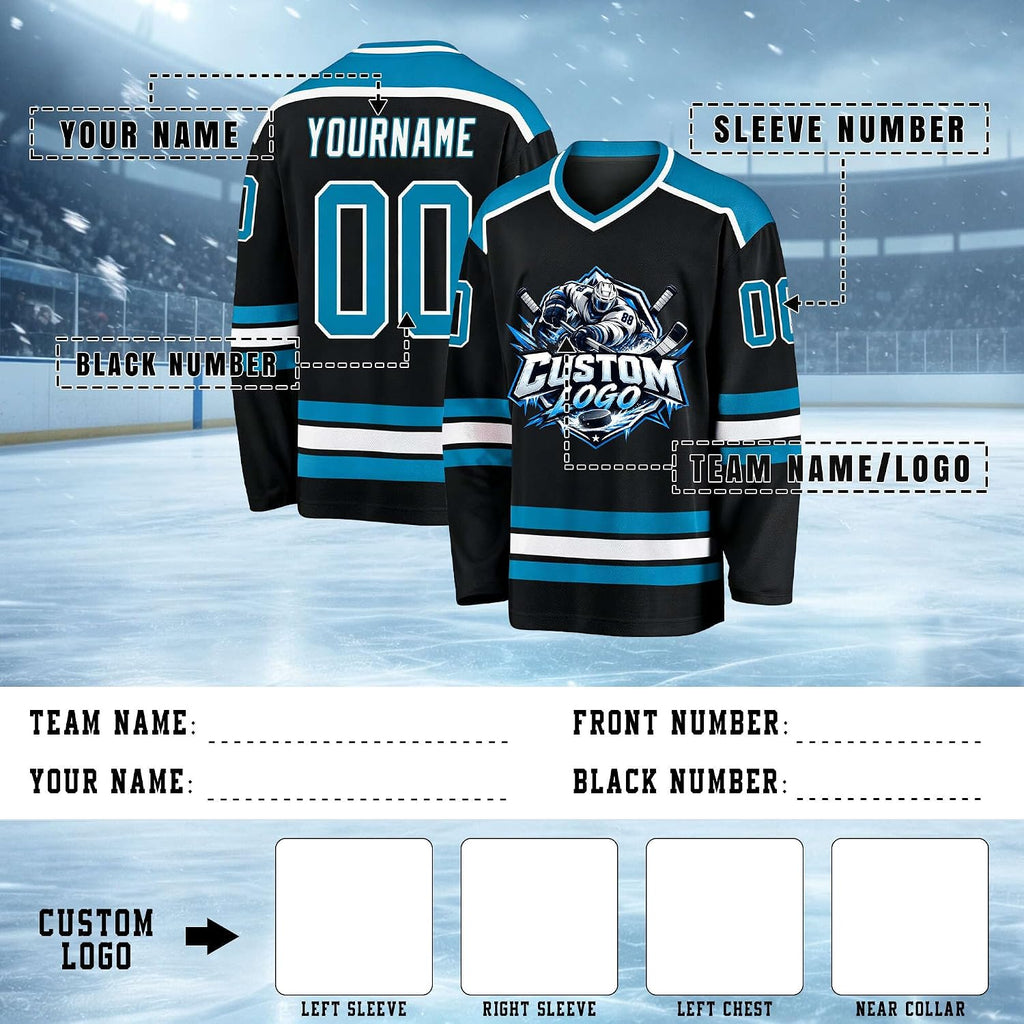 Custom Black, Cyan and White Hockey Jersey