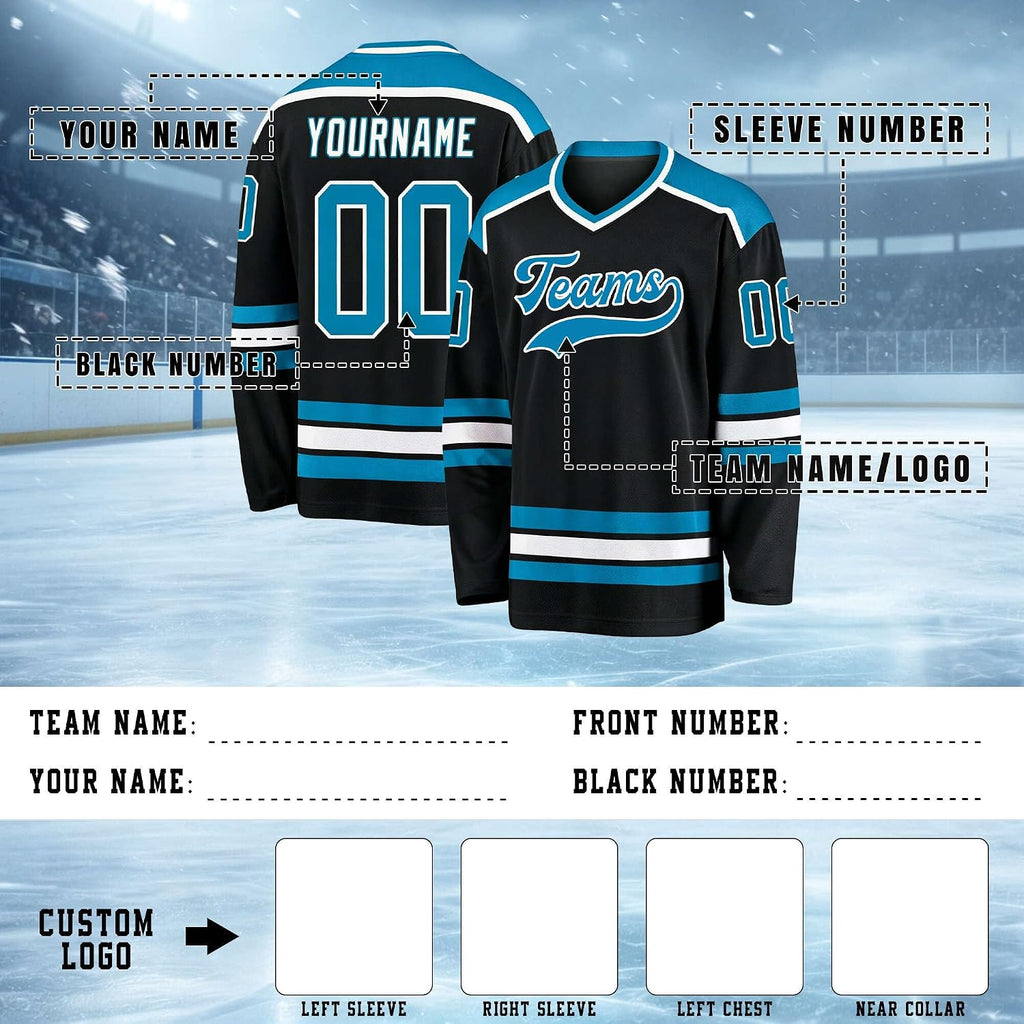 Custom Black, Cyan and White Hockey Jersey