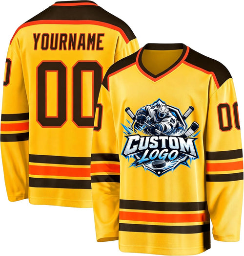 Custom Gold, Black and Orange Hockey Jersey