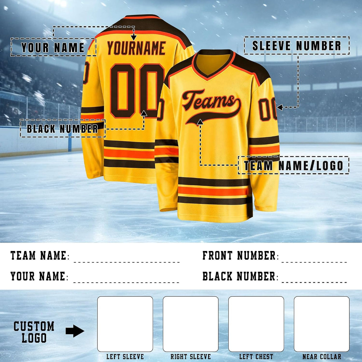 Custom Gold, Black and Orange Hockey Jersey