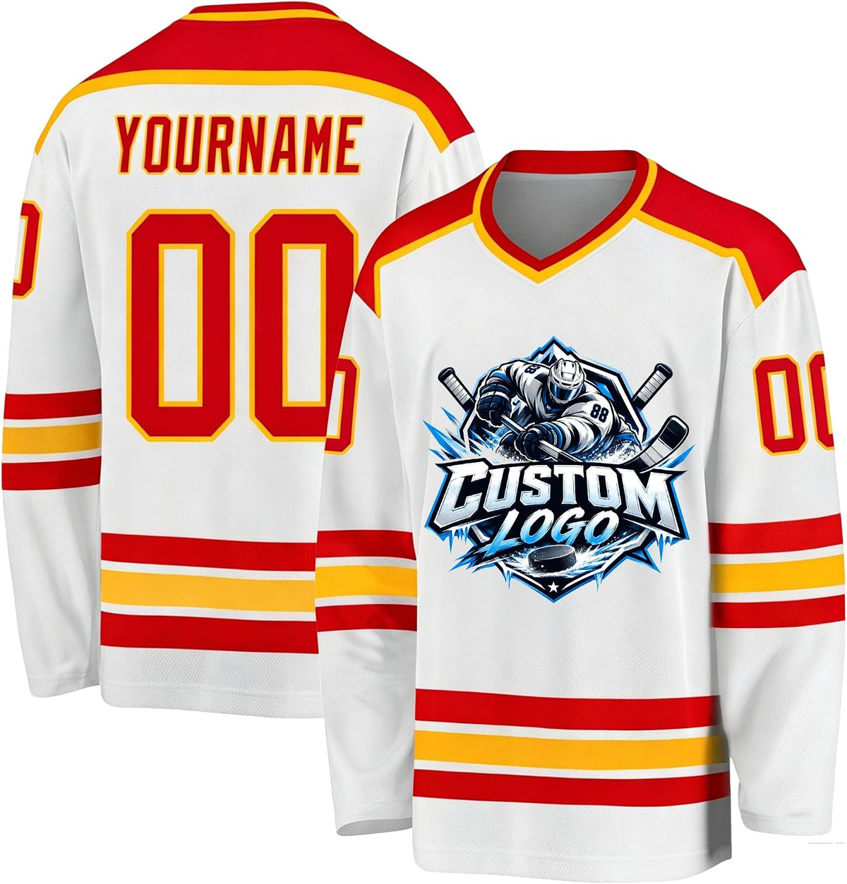 Custom White, Red and Gold Hockey Jersey