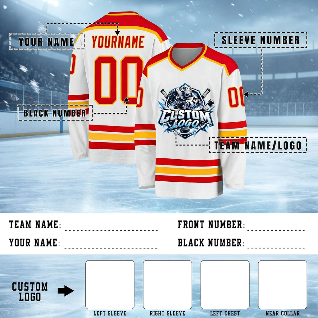 Custom White, Red and Gold Hockey Jersey