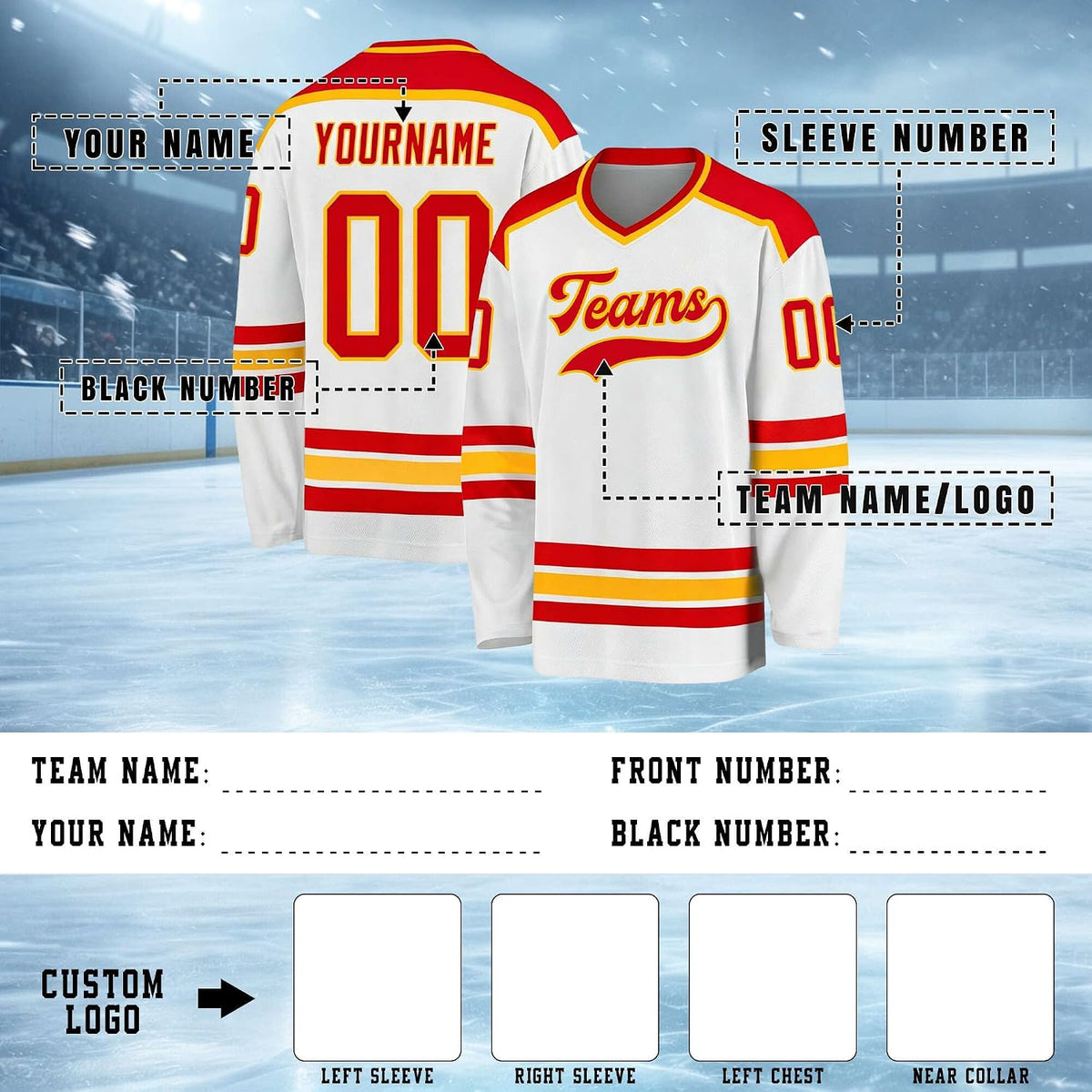 Custom White, Red and Gold Hockey Jersey