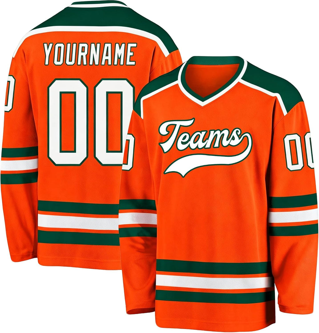 Custom Orange, Dark Green and White Hockey Jersey