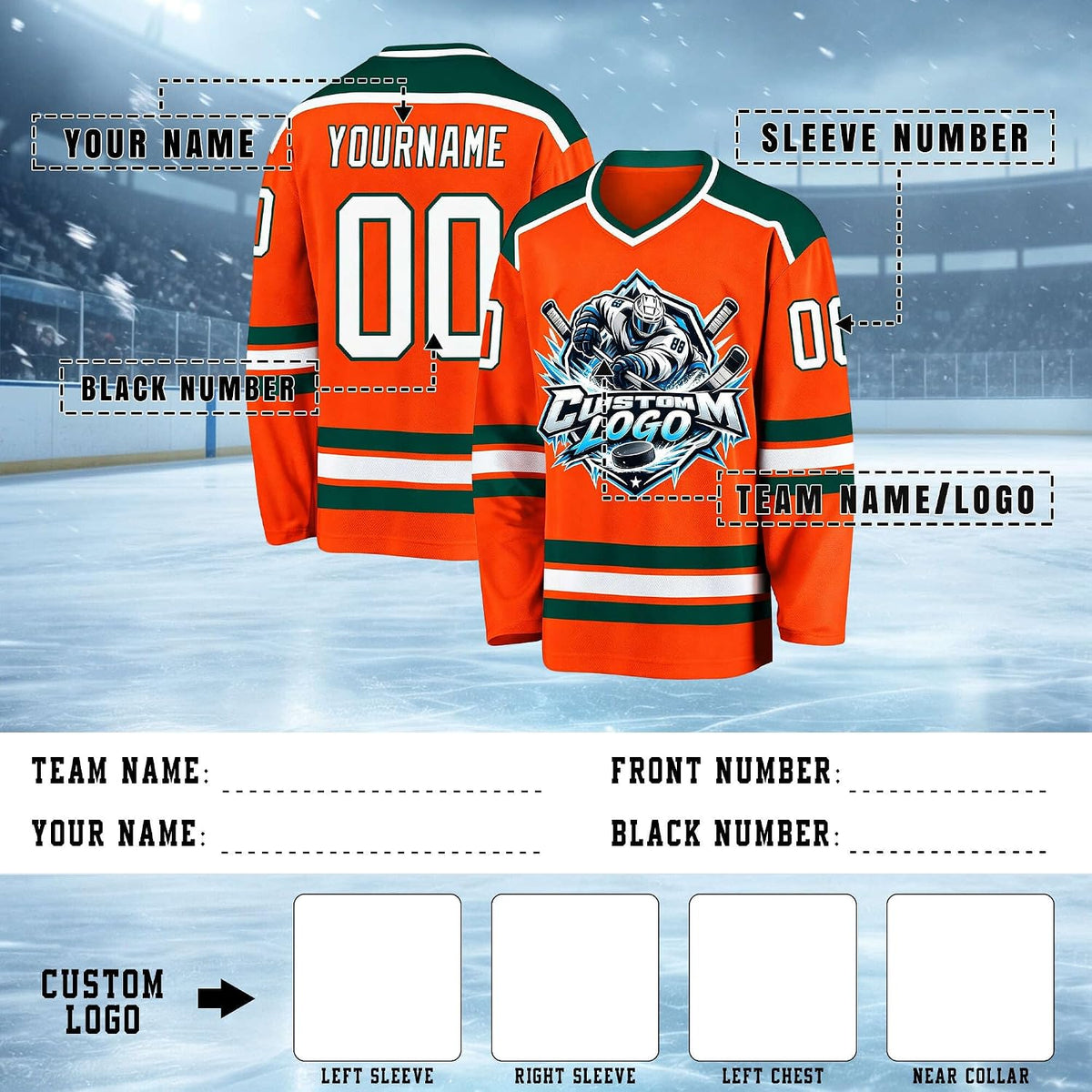 Custom Orange, Dark Green and White Hockey Jersey