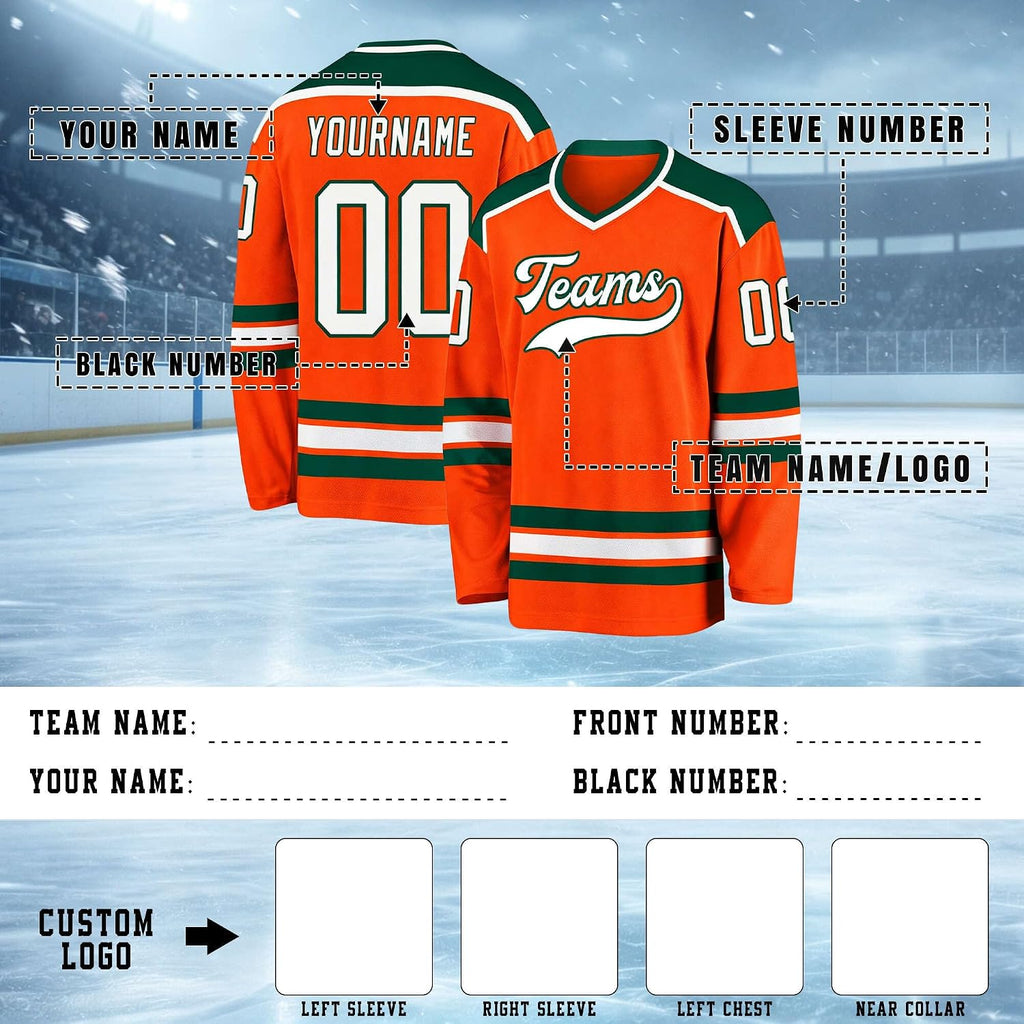 Custom Orange, Dark Green and White Hockey Jersey