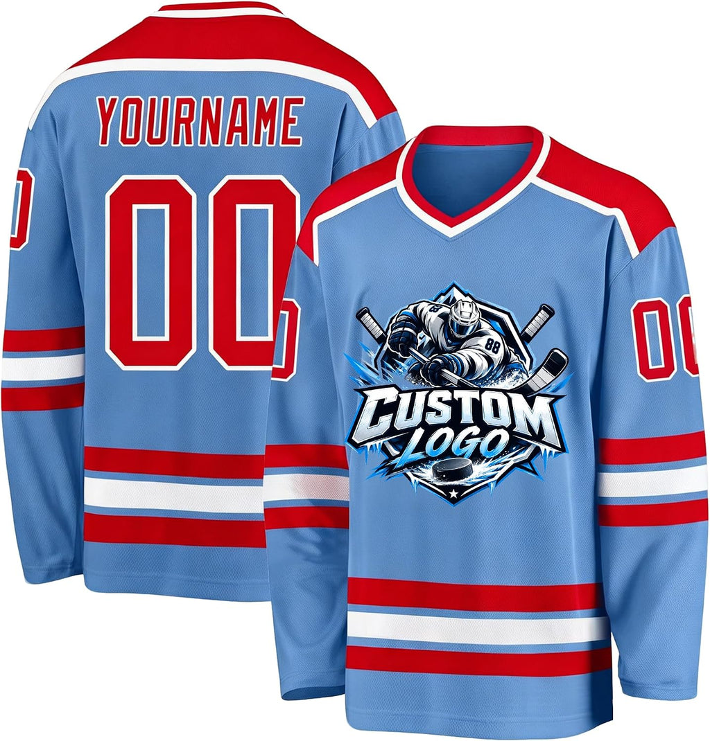 Custom Light Blue, Red and White Hockey Jersey