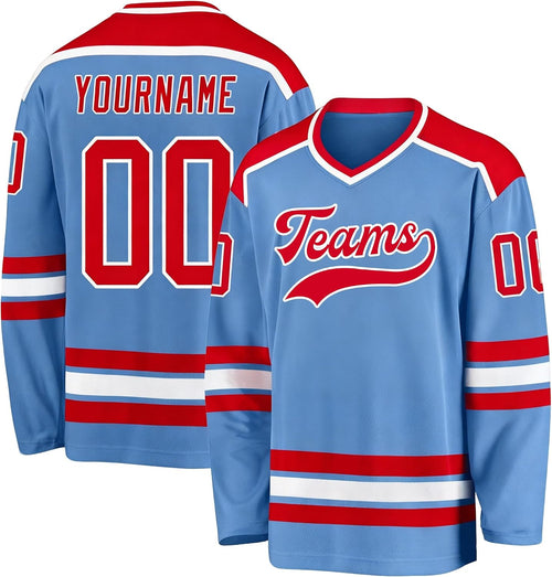 Custom Light Blue, Red and White Hockey Jersey
