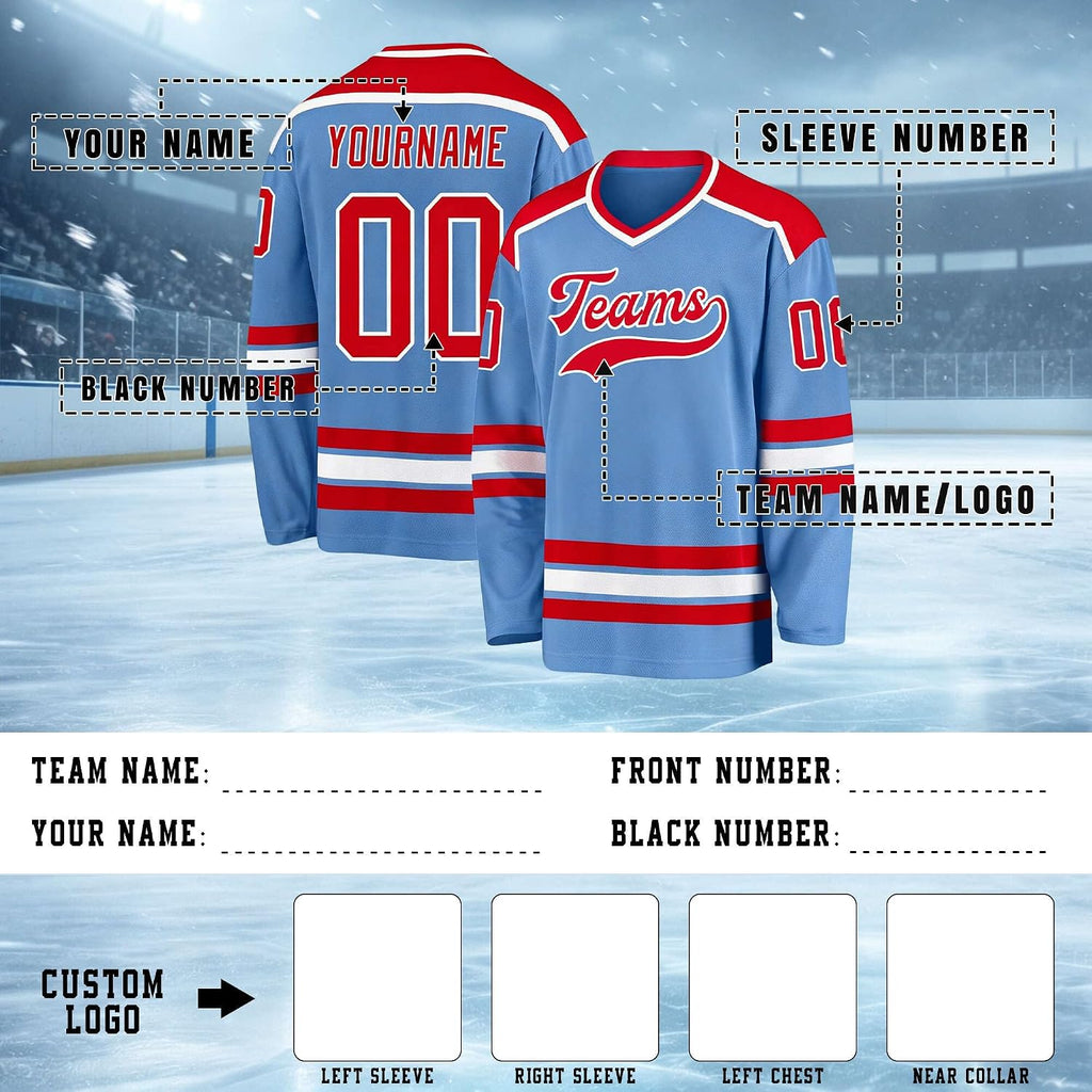 Custom Light Blue, Red and White Hockey Jersey